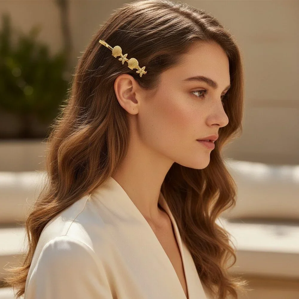 18K Gold Plated Stainless Steel Shell Starfish Barrette Coastal Beach Bobby Pin